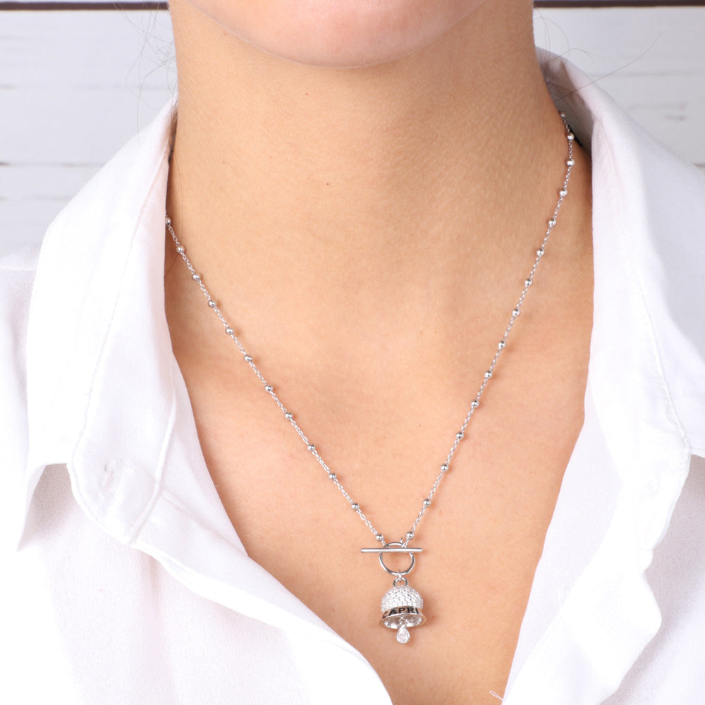925 silver necklace with bouncing charming of white zirconi and written black enamel written