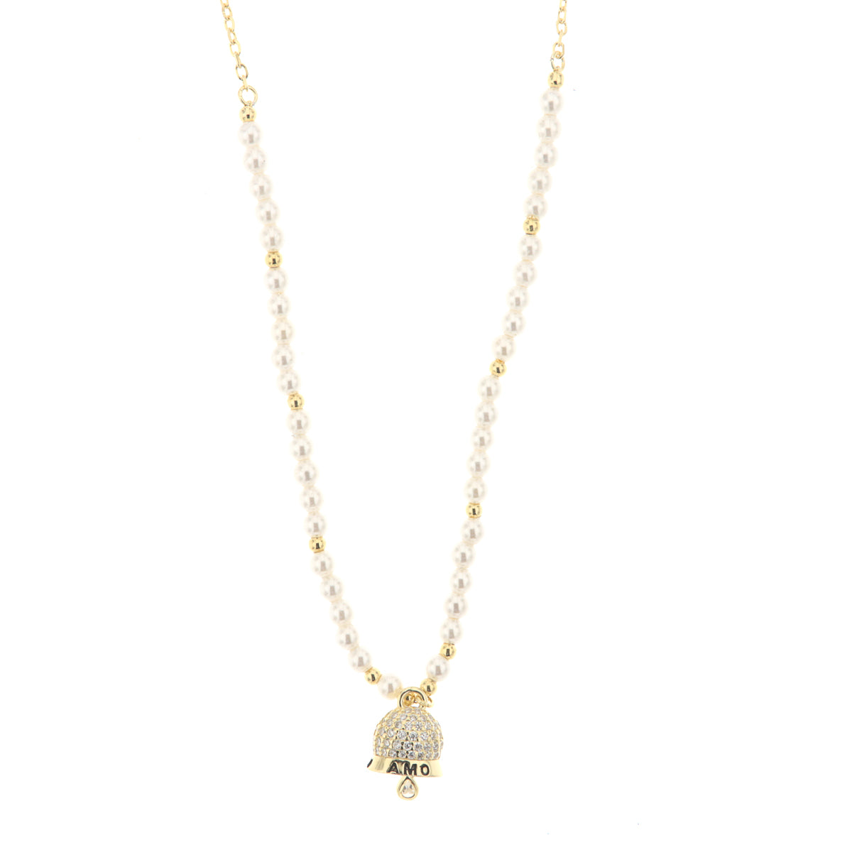 925 silver necklace charming bell embellished with white zirconi and beads with writing I love Capri