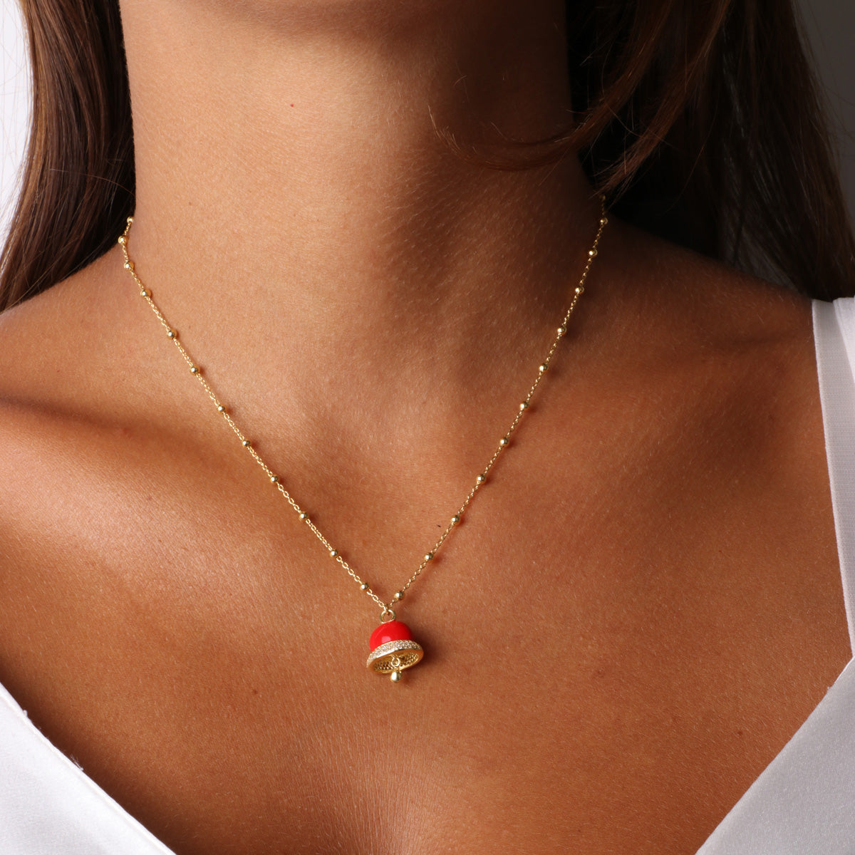 925 silver necklace with turquoise enamel bell, embellished with zirconi