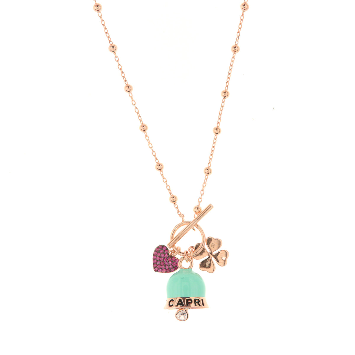 925 silver necklace with heart pendants, pink bell and four -leaf clover