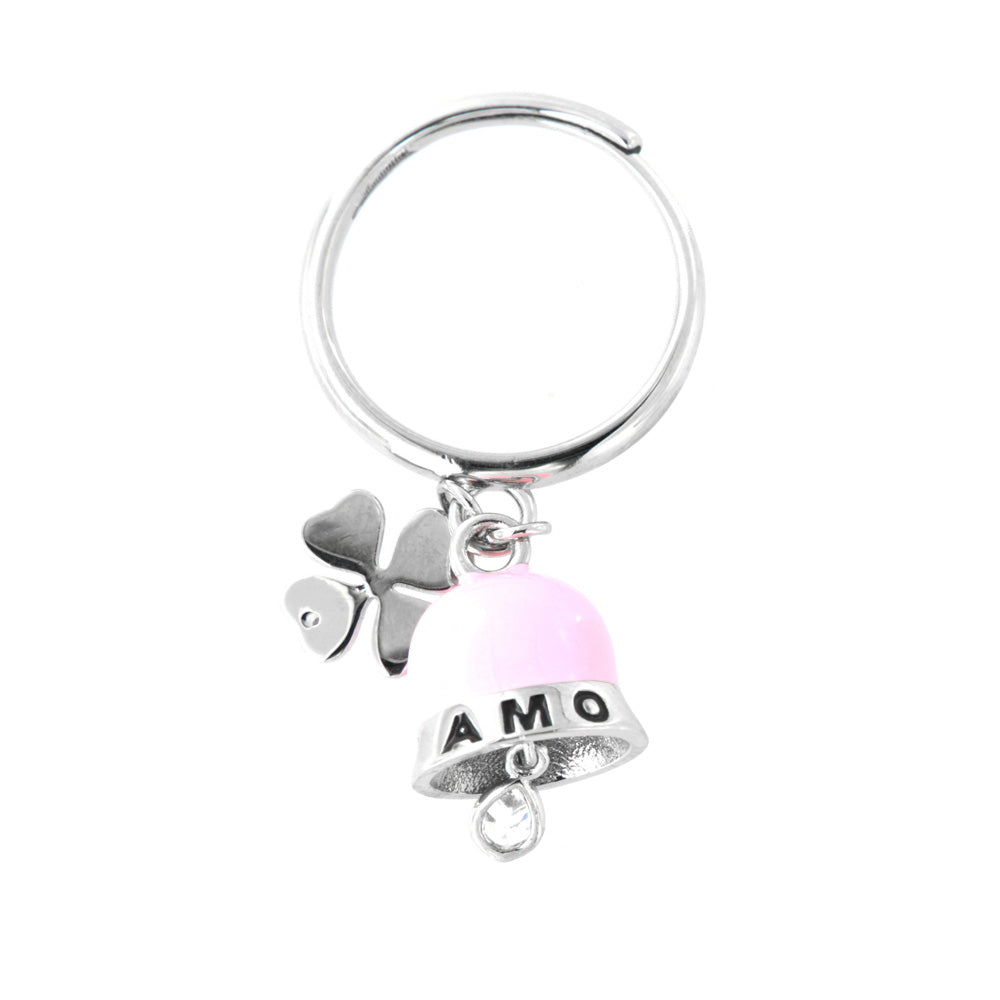 925 silver ring with rose changing charming bell inulprocen from white zircone and four -leaf clover
