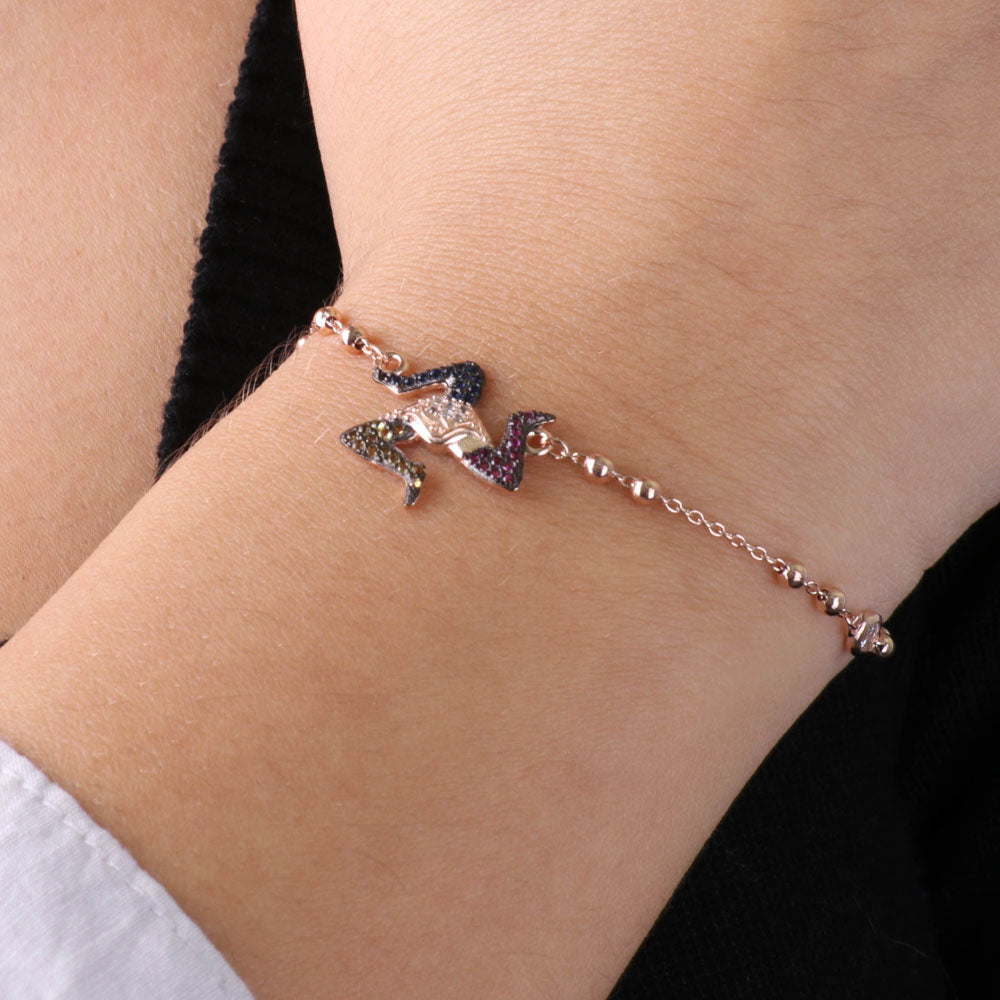 925 silver bracelet with Sicilian Trinacria pendant, embellished with multicolored zirconi on a brown basis