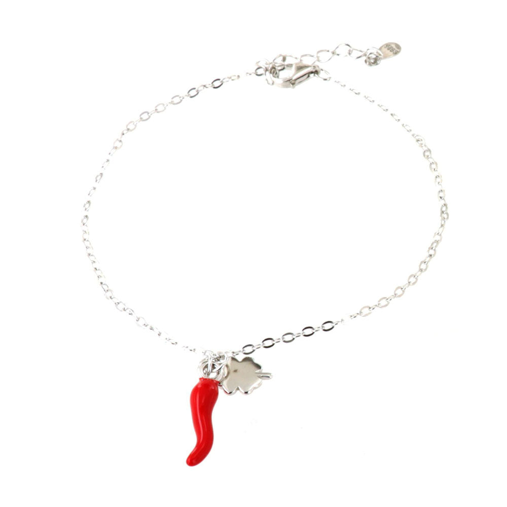 925 silver bracelet with horn embellished with red enamel and four -leaf clover