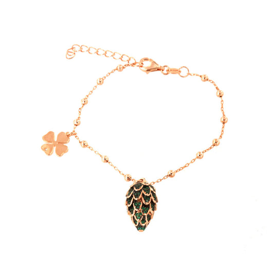 925 silver bracelet pine cones with emerald zirconi pavè and four -leaf clover with light point