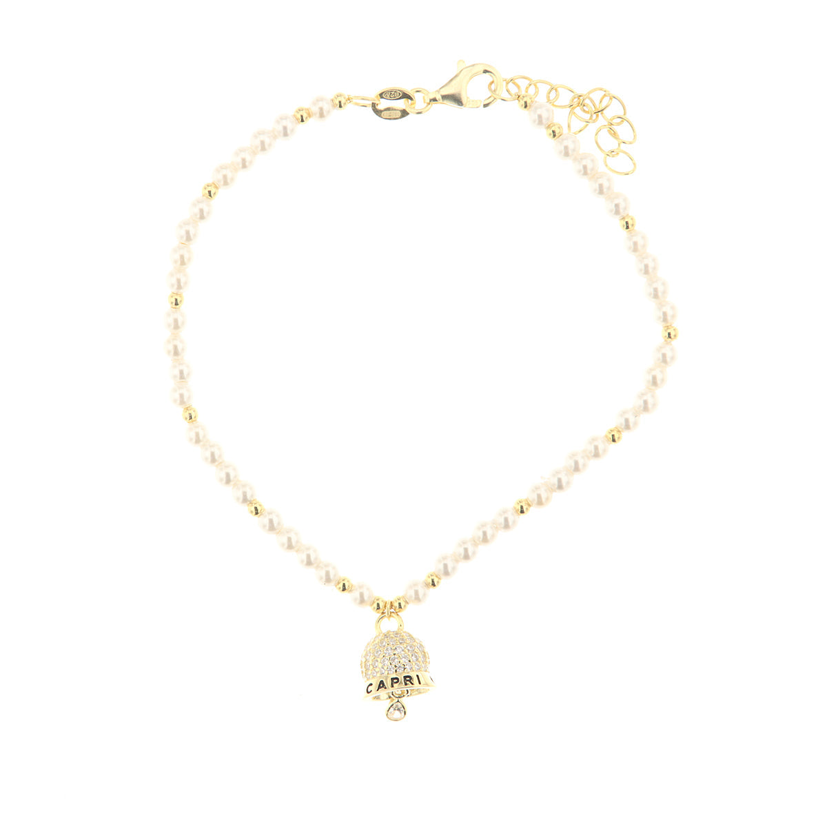 Silver bracelet 925 charming bell embellished with white zirconi and beads with writing I love Capri