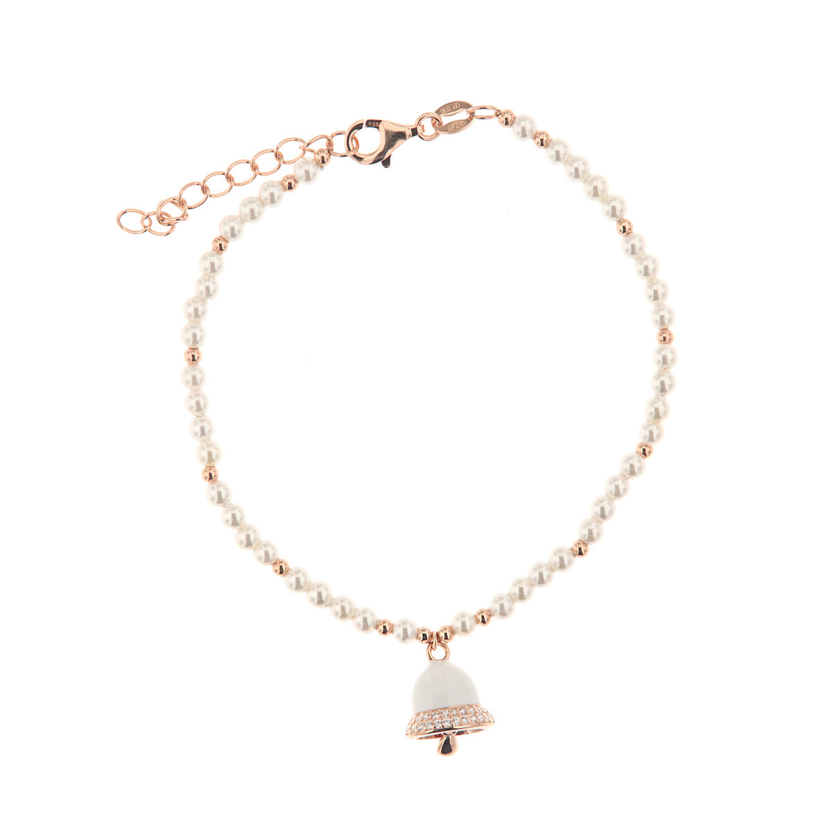 925 silver bracelet with white glazed charming bell embellished with white zirconi and beads