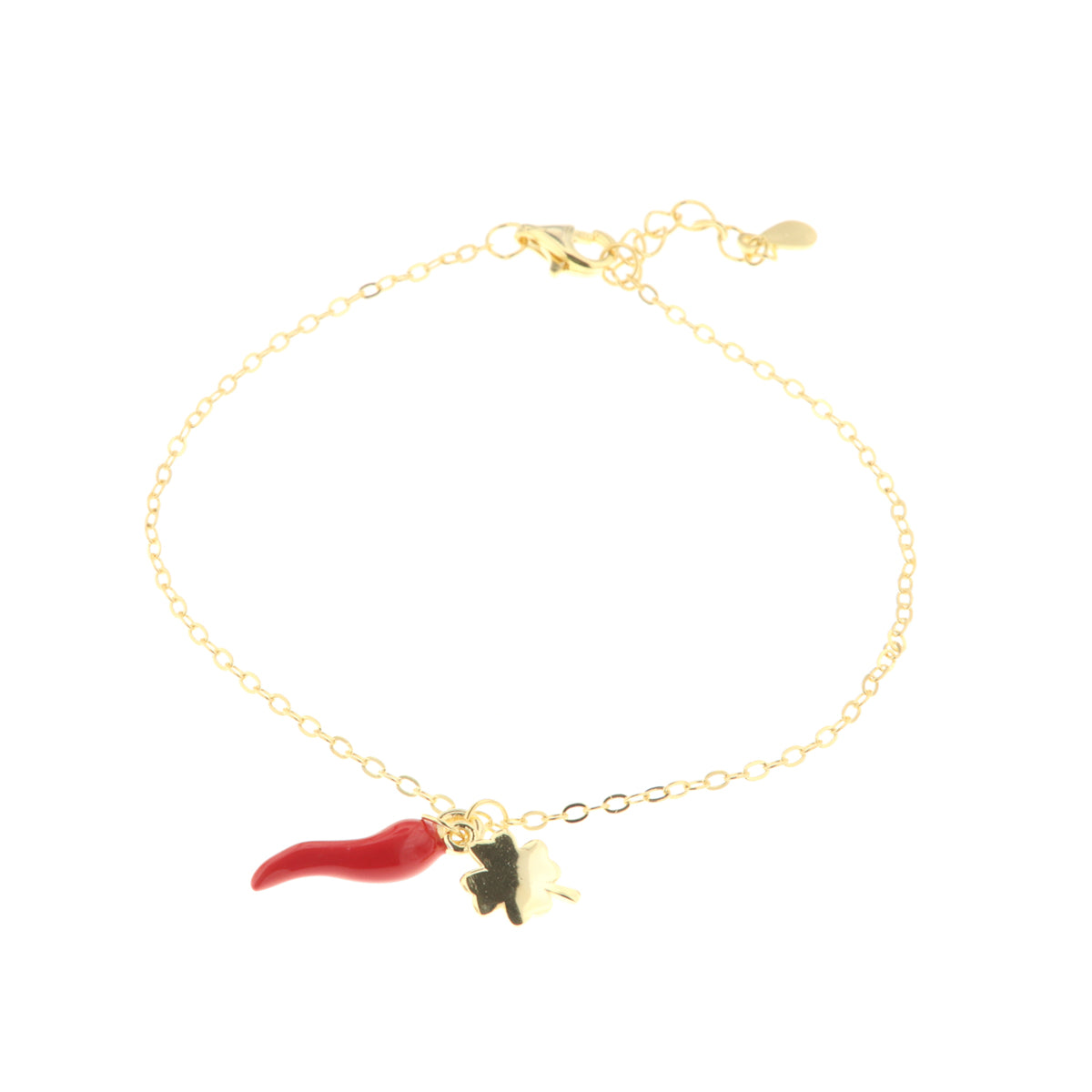 925 silver bracelet with lucky croissant embellished with red enamel and four -leaf clover