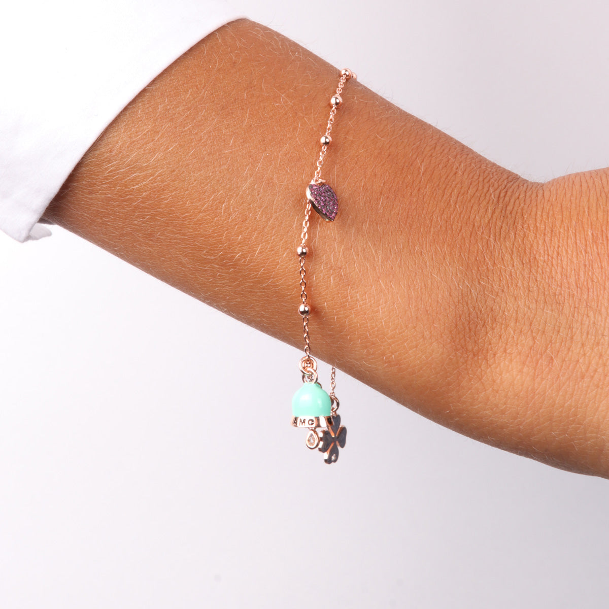 925 silver bracelet with turquoise nail polish charming bell, embellished with white zirconi