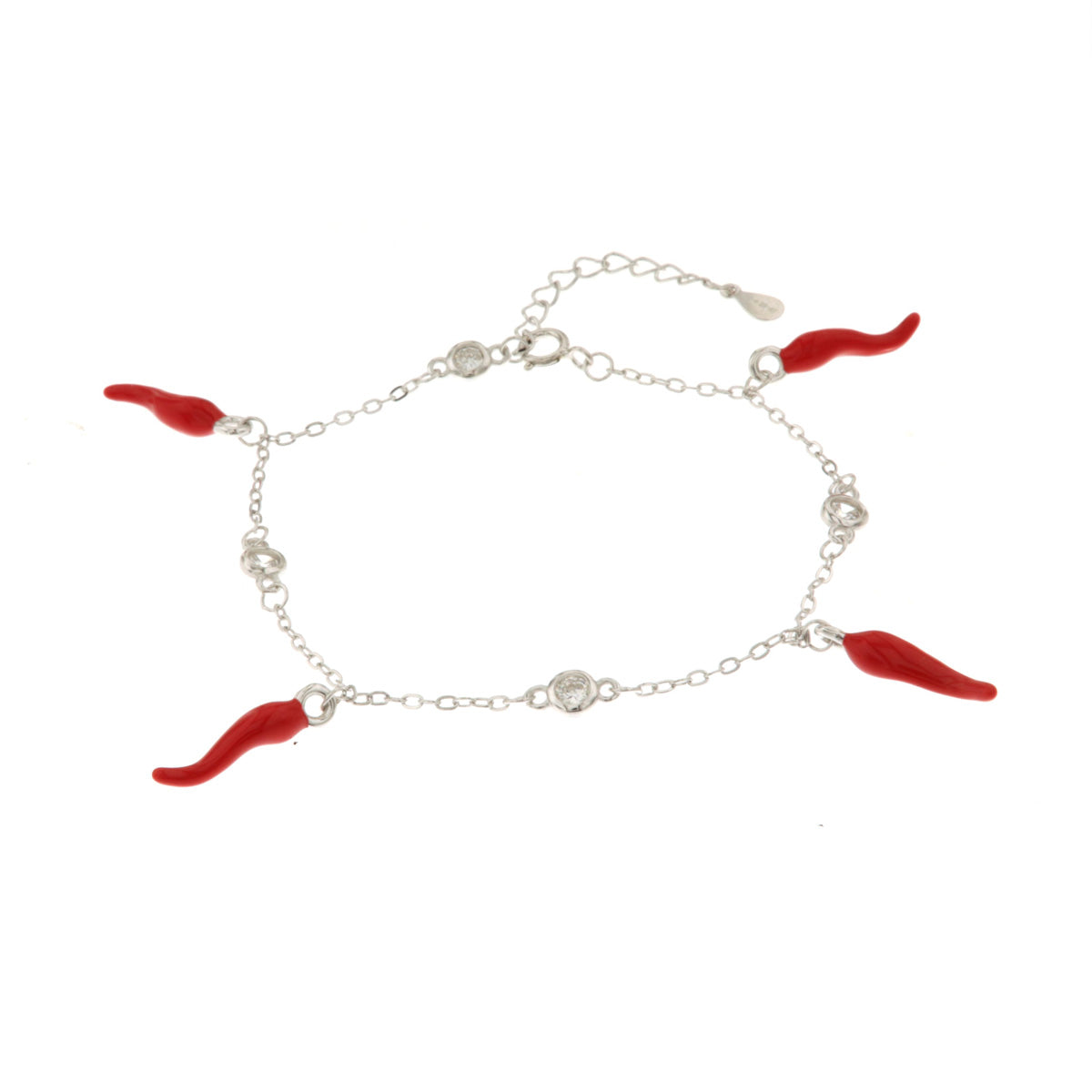 925 silver bracelet chain jersey with white crystals alternating with red lucky croissants