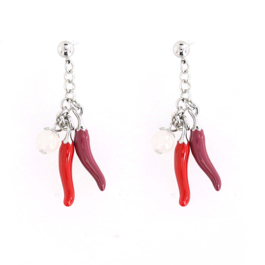Metal earrings pending with lucky horns, embellished with colored glazes
