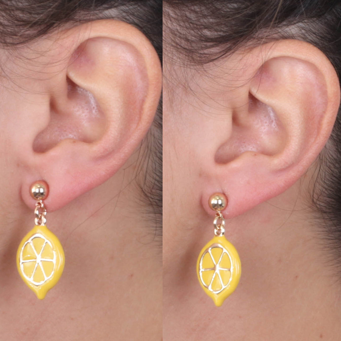 Metal earrings with citrus citrus fruits, embellished with colored enamels