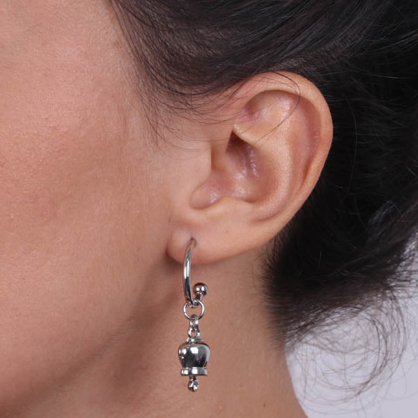 Metal earrings with a circle, with a pendant charcofish bell, embellished with crystals