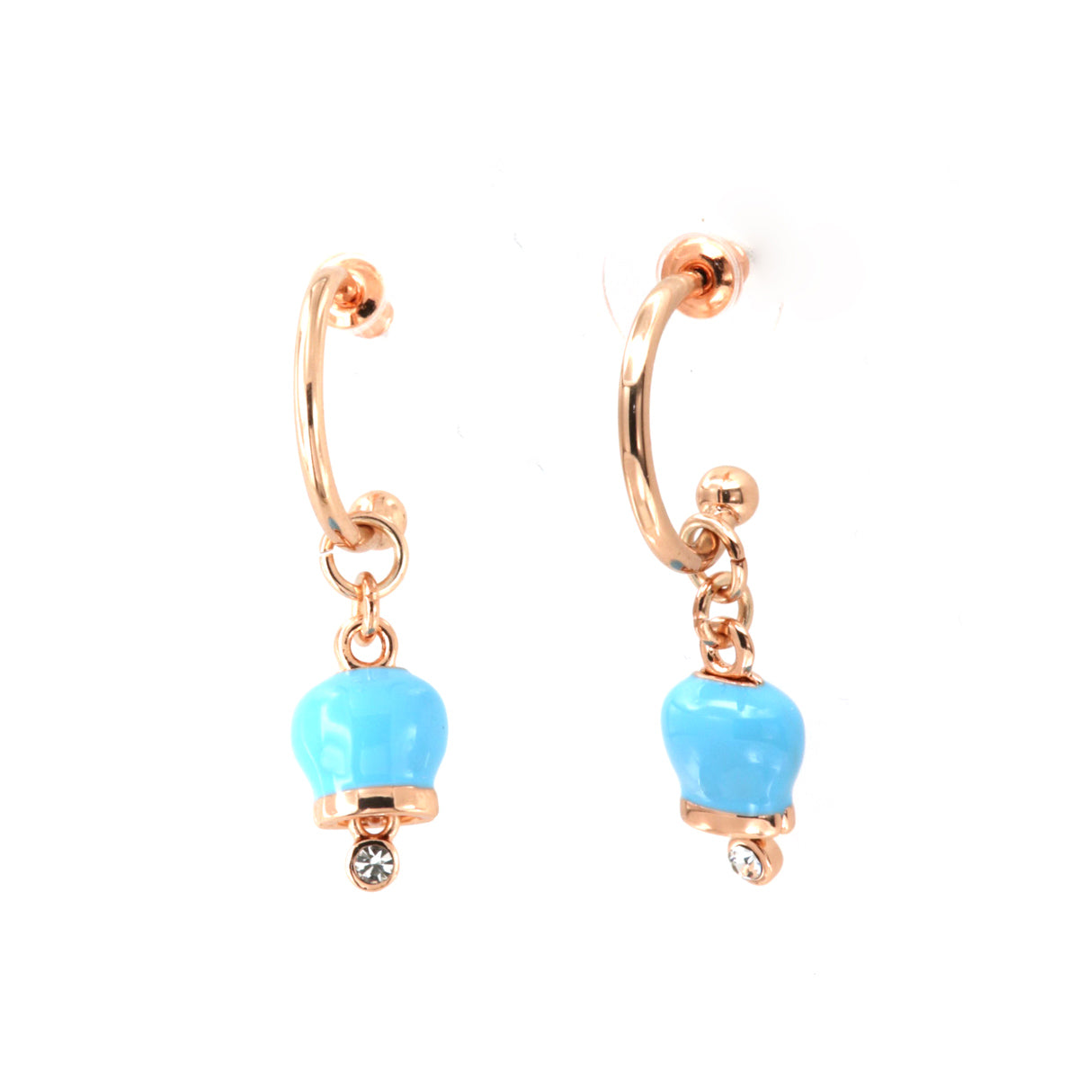 Metal earrings with a circle, with a pendant charcofish bell, embellished with turquoise enamel and crystals