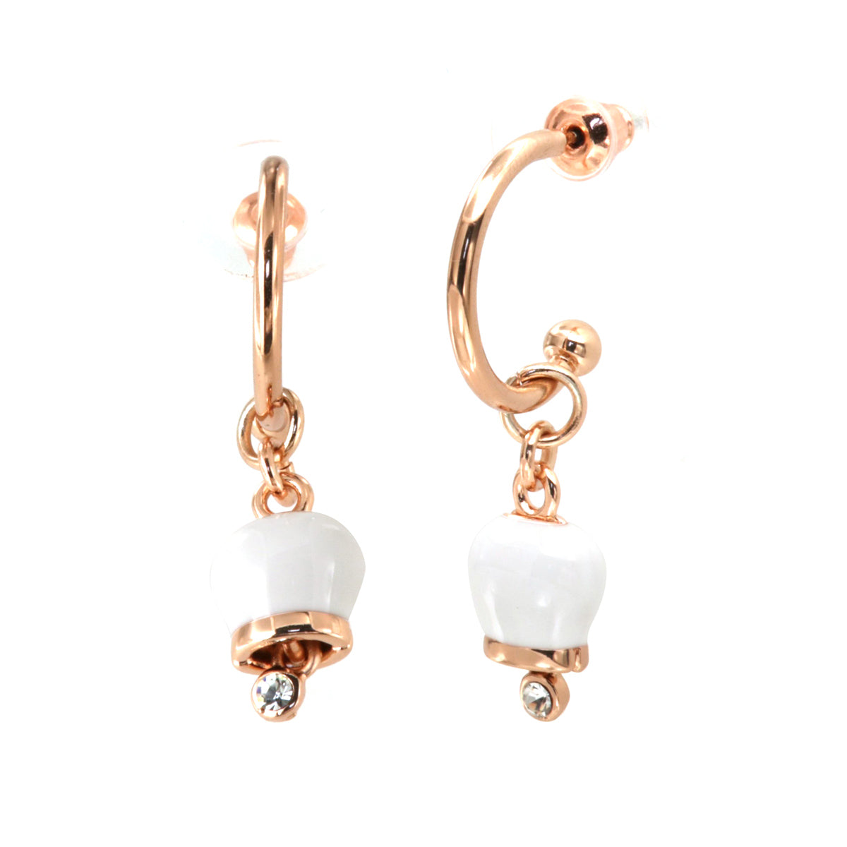 Metal earrings with a circle, with a pendant charm bell, embellished with white enamel and crystals