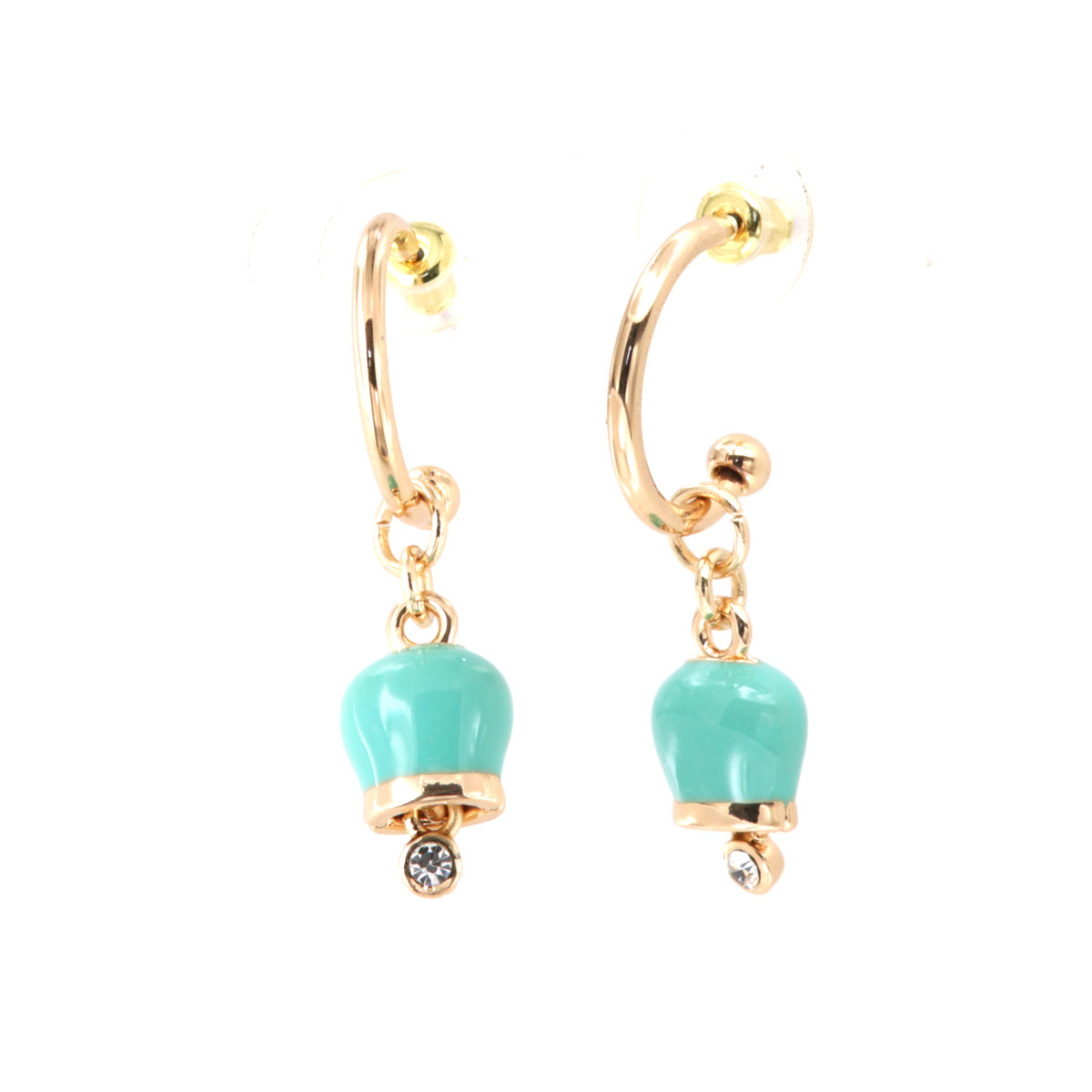Metal earrings with a circle, with a pendant charm bell, embellished with green enamel and crystals
