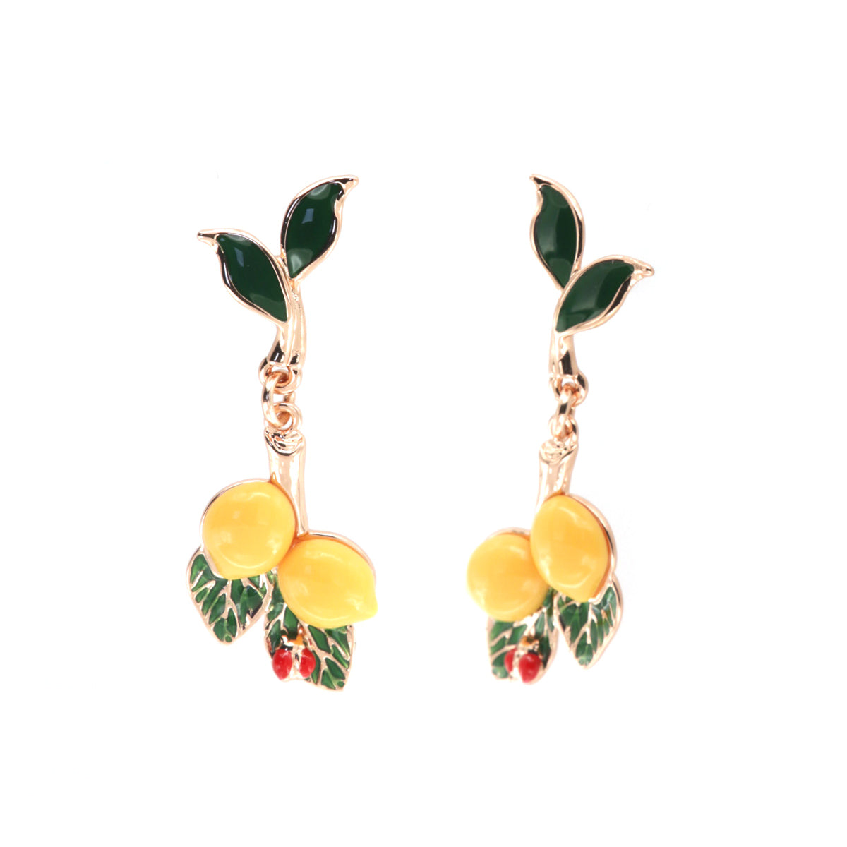 Metal earrings with pendant Sicily lemons, embellished with colored glazes