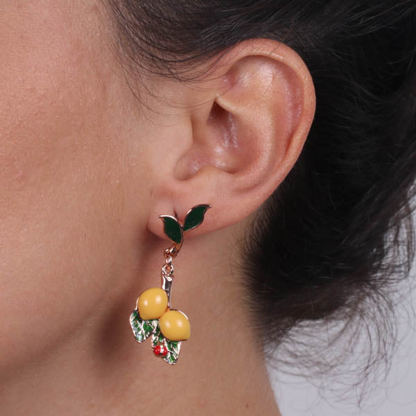 Metal earrings with pendant Sicily lemons, embellished with colored glazes