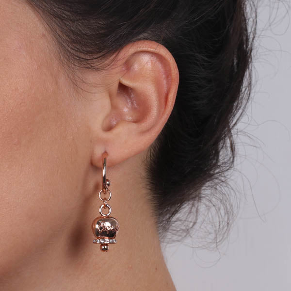 Metal earrings circles with bell pendant goats embellished with crystals