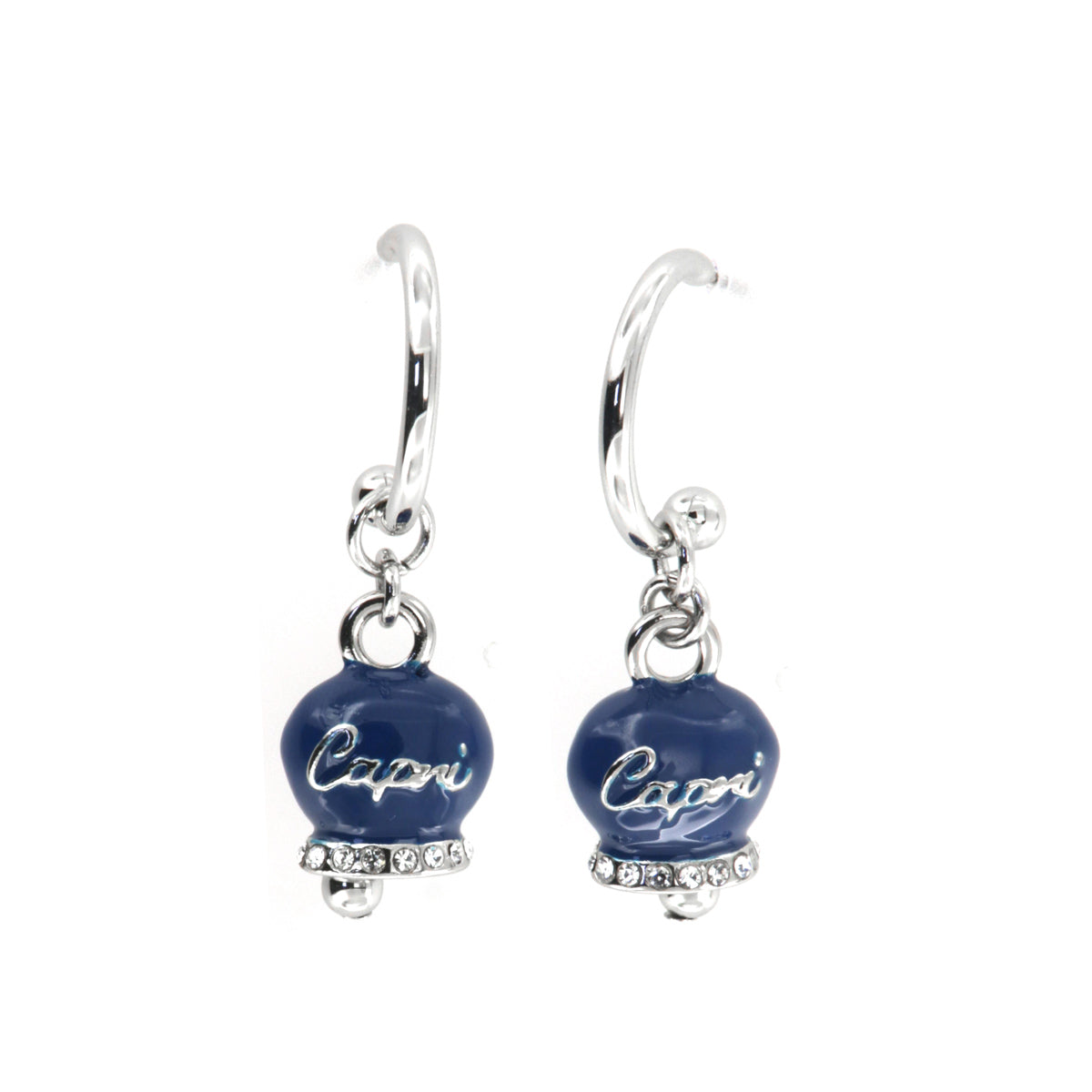 Metal earrings circle with blue glazed bell embellished with crystals