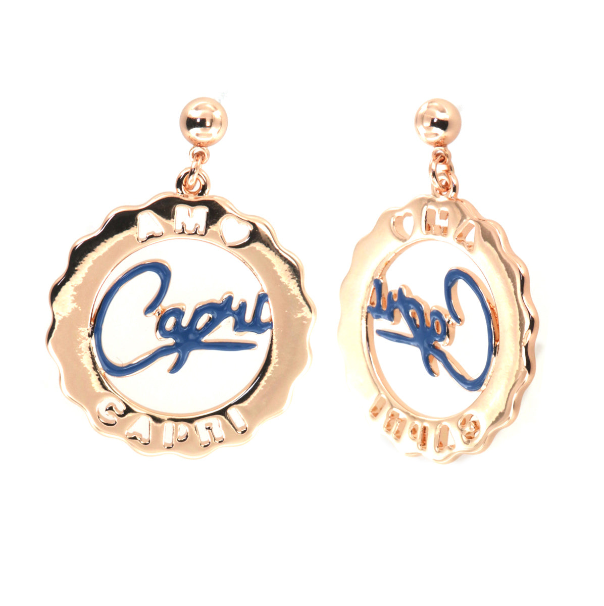 Circle metal earrings with blue nail polish panel writing