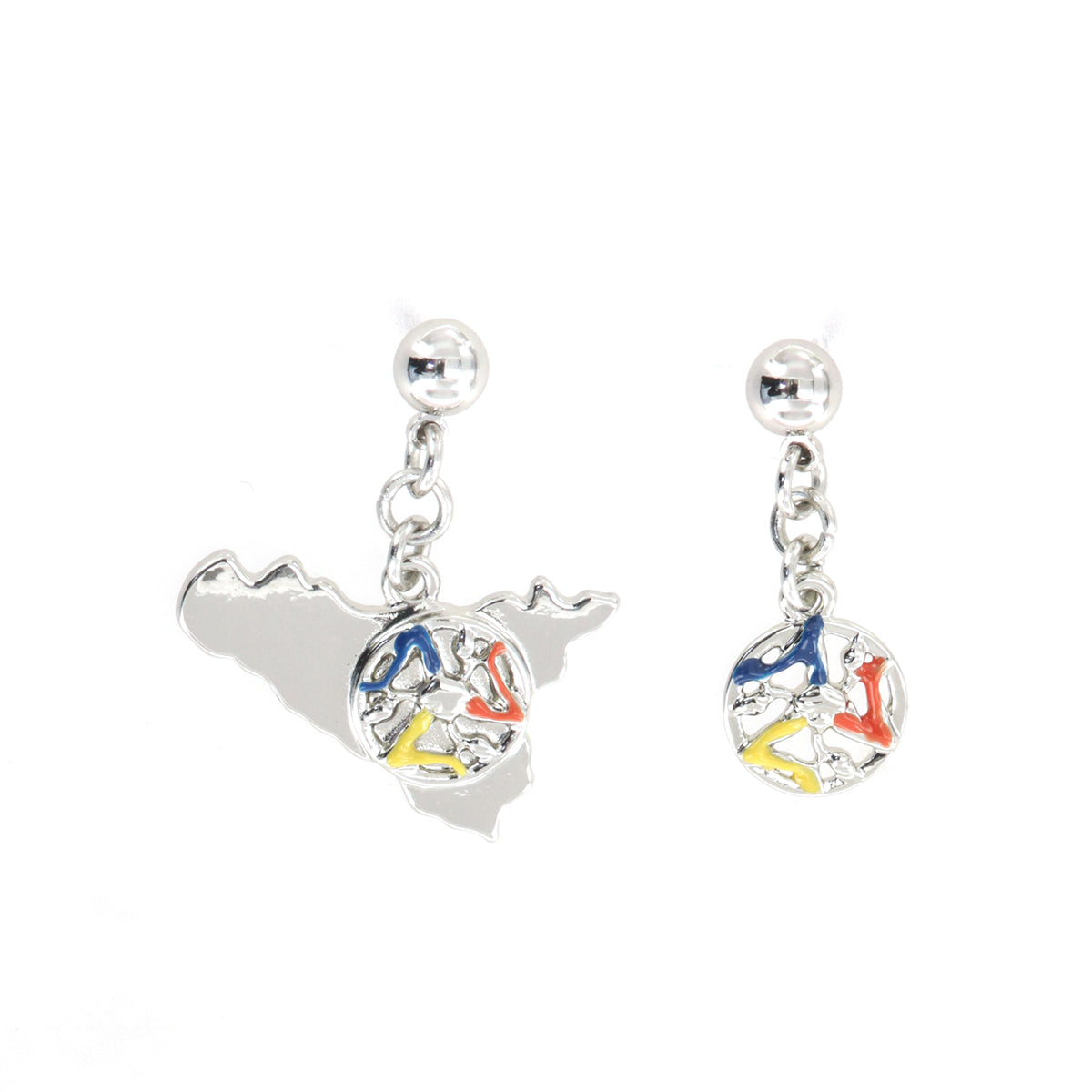 Sicily metal earrings with Trinacria, embellished with colored glazes