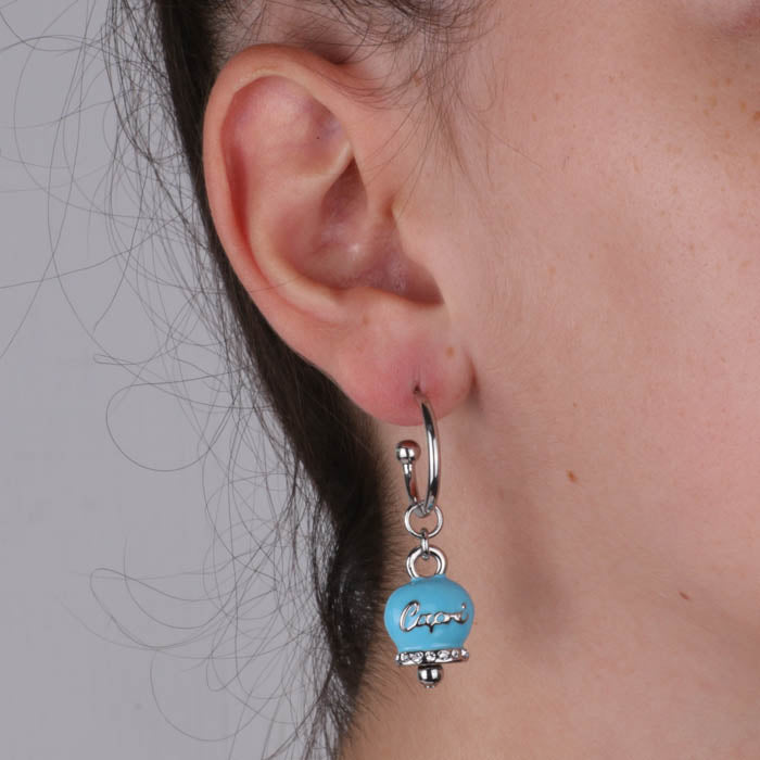 Metal earrings circles with skewer skewer bells turquoise, embellished with crystals