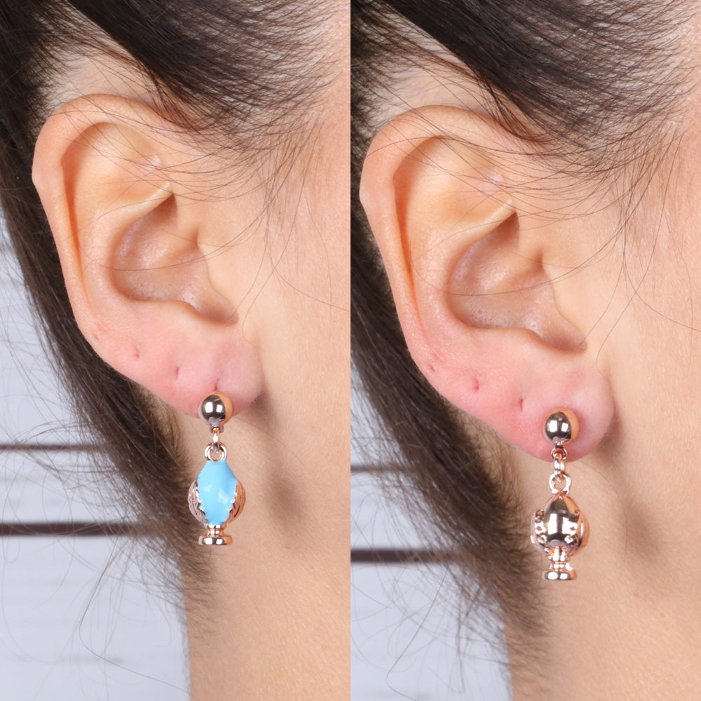 Metal earrings with Apulian pumo -shaped pendants embellished with colored glazes
