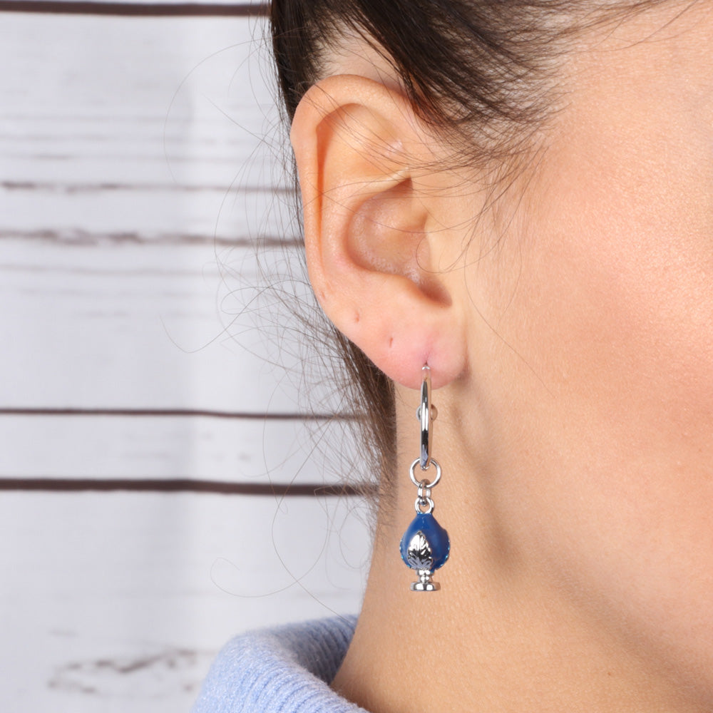 Metal earrings with a circle with pendants in the shape of a Apulian pumo, pendants, embellished with colored glazes