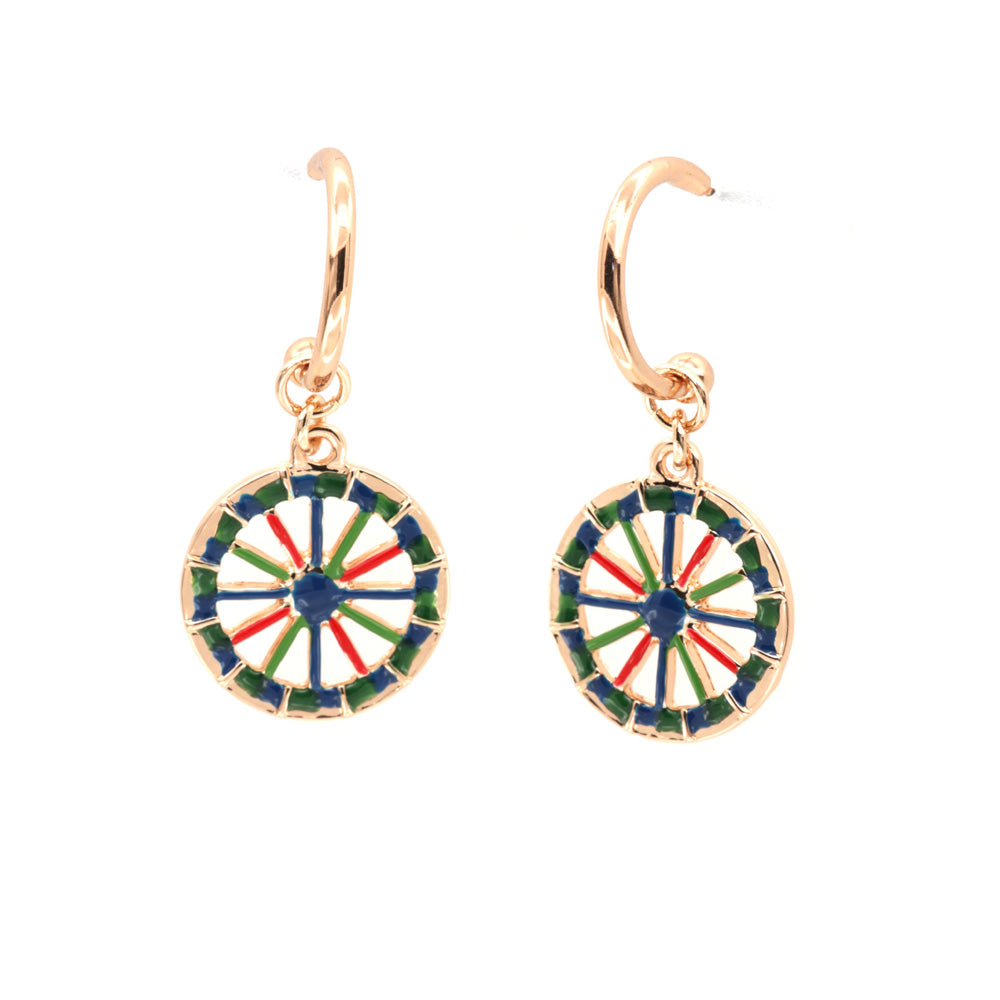 Metal earrings circle with a pendant Sicilian cart wheel, embellished with colored glazes