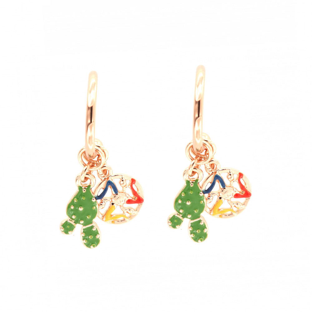 Metal earrings with a circle, with prickly pear and trinacria pendants, embellished with colored glazes