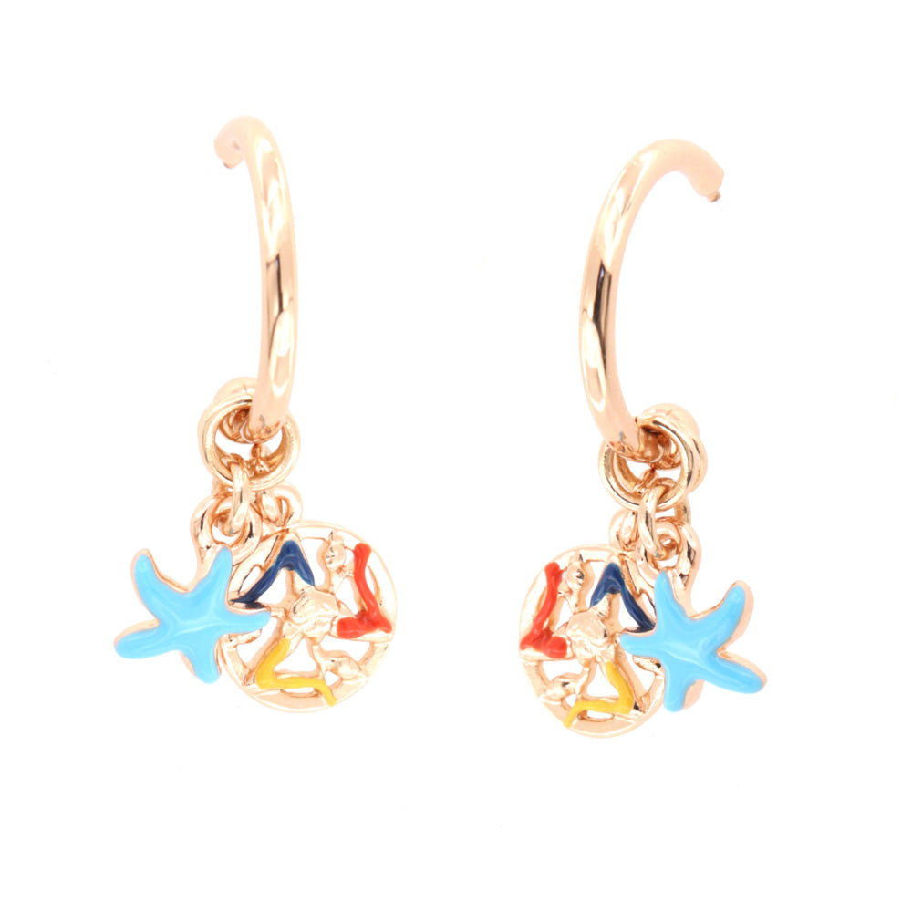 Circle metal earrings, with Sicilian Trinacria Charms and Marina Stella, embellished with colored glazes