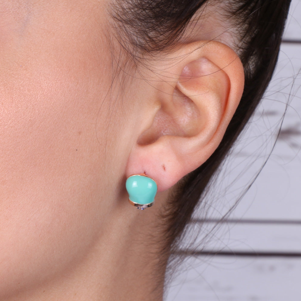Metal earrings in the shape of a charming bell with green water and crystals enamels
