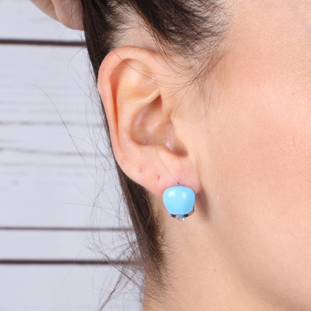 Metal earrings in the shape of a charming bell with blue enamels and crystals