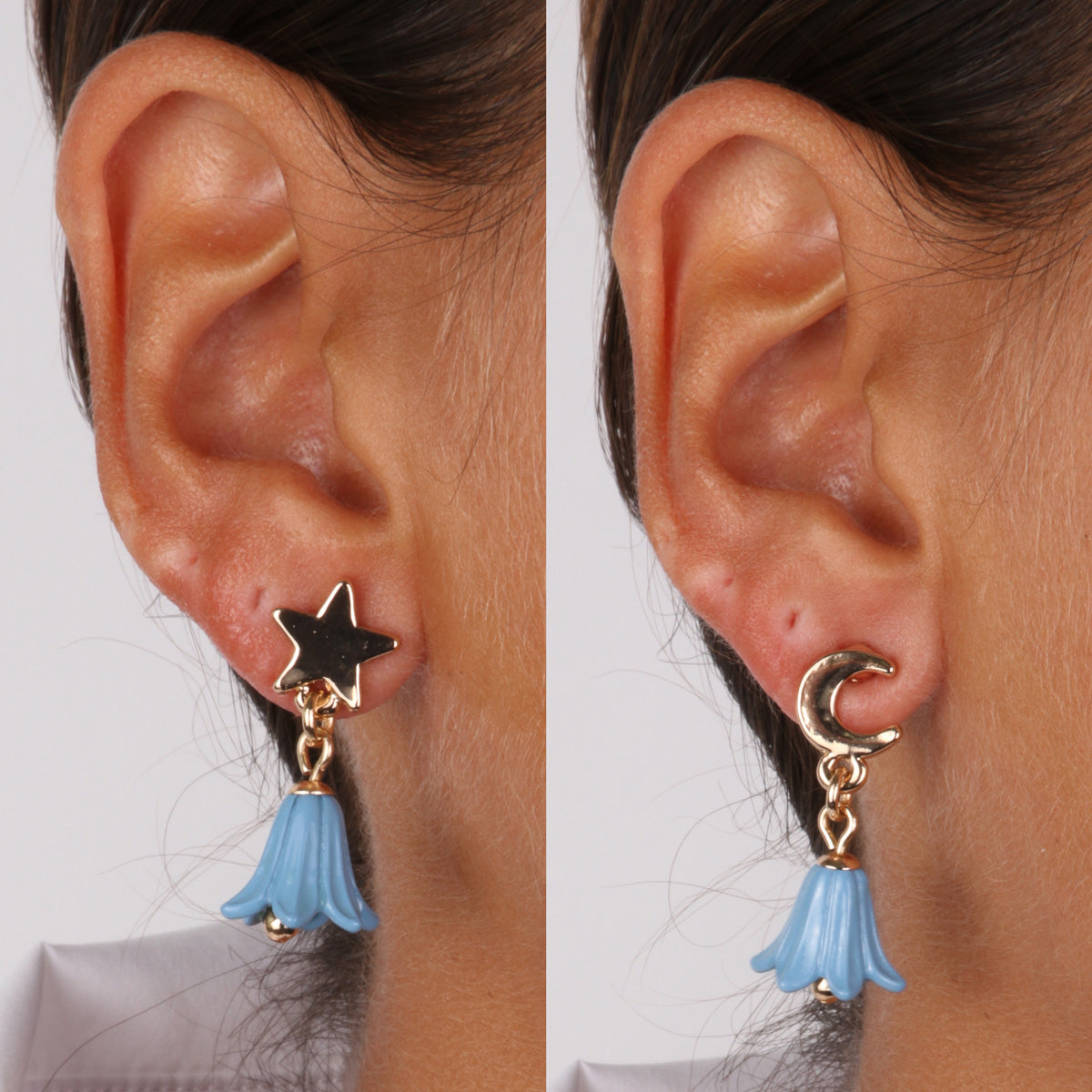 Metal earrings with moon and star -shaped lobe details and bell -shaped bell -shaped bell