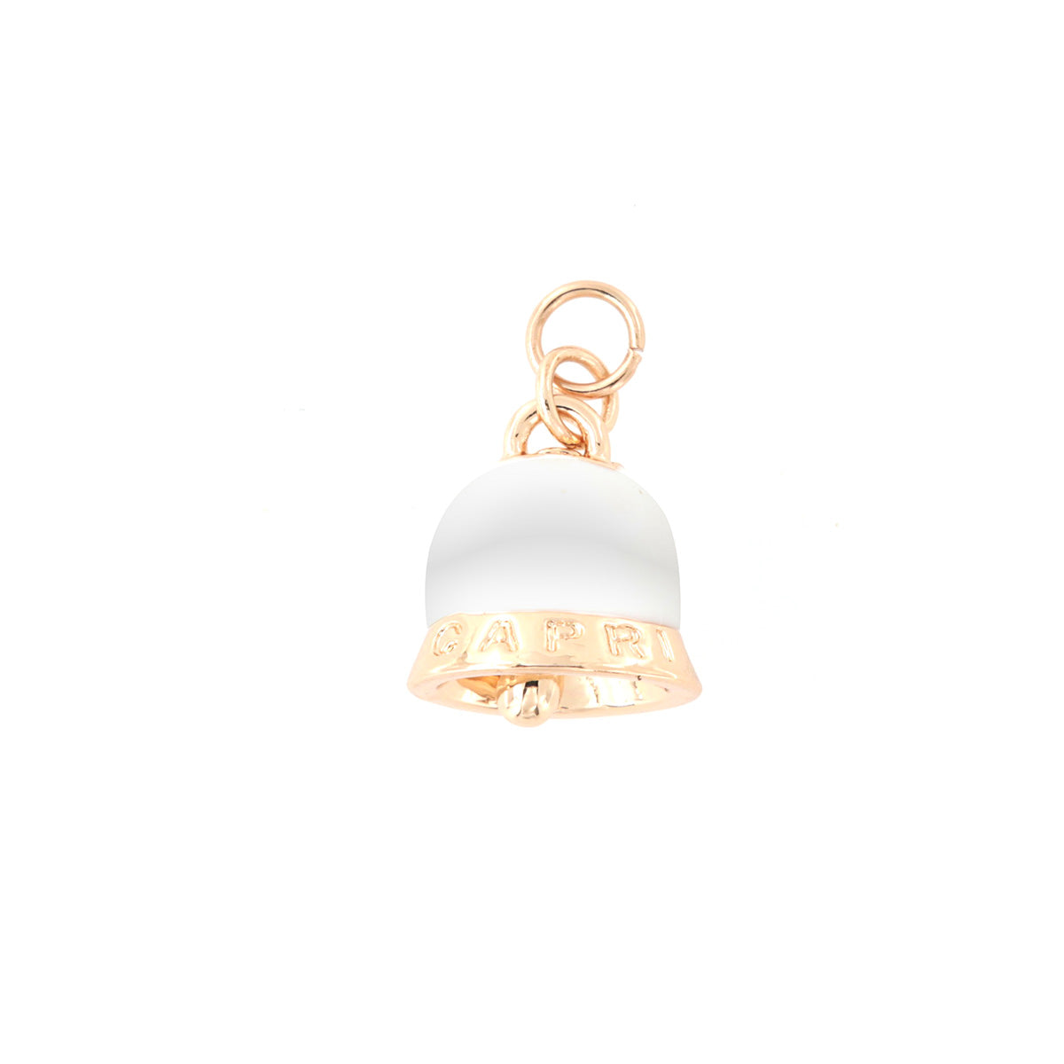 Metal pendant charming bell embellished with white enamel