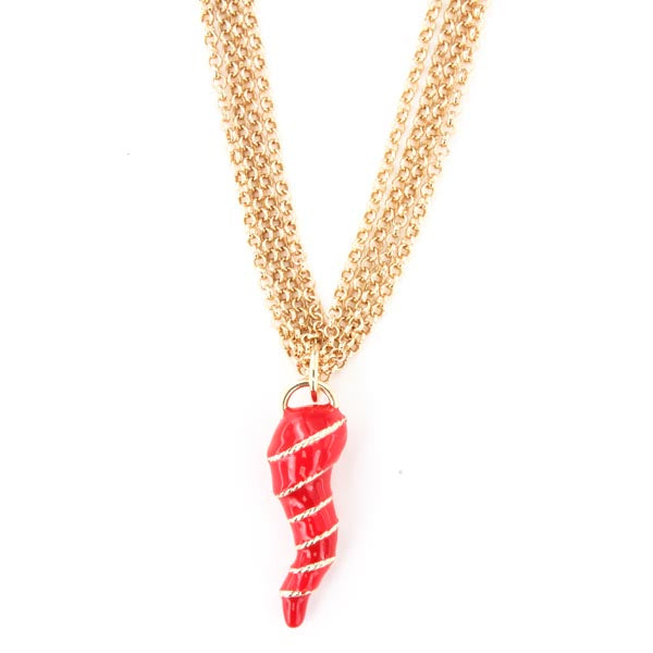 Multifile metal necklace with red nail polishing horn