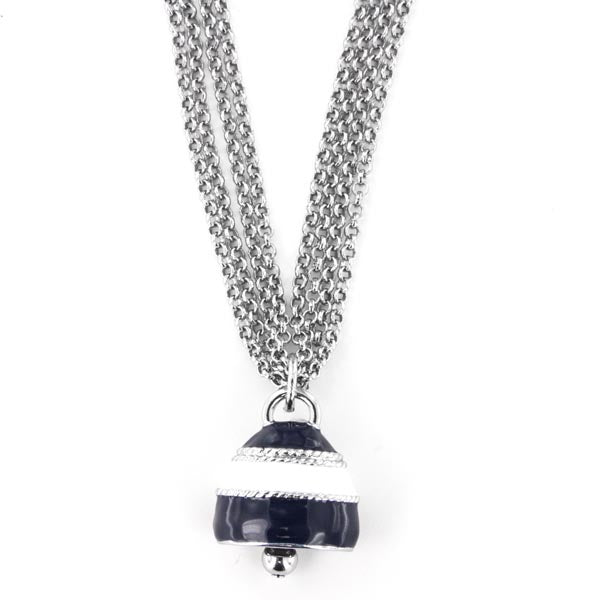 Multifile metal necklace with pendant bell embellished with colored glazes