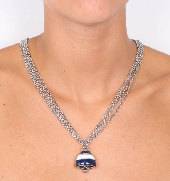 Multifile metal necklace with pendant bell embellished with colored glazes