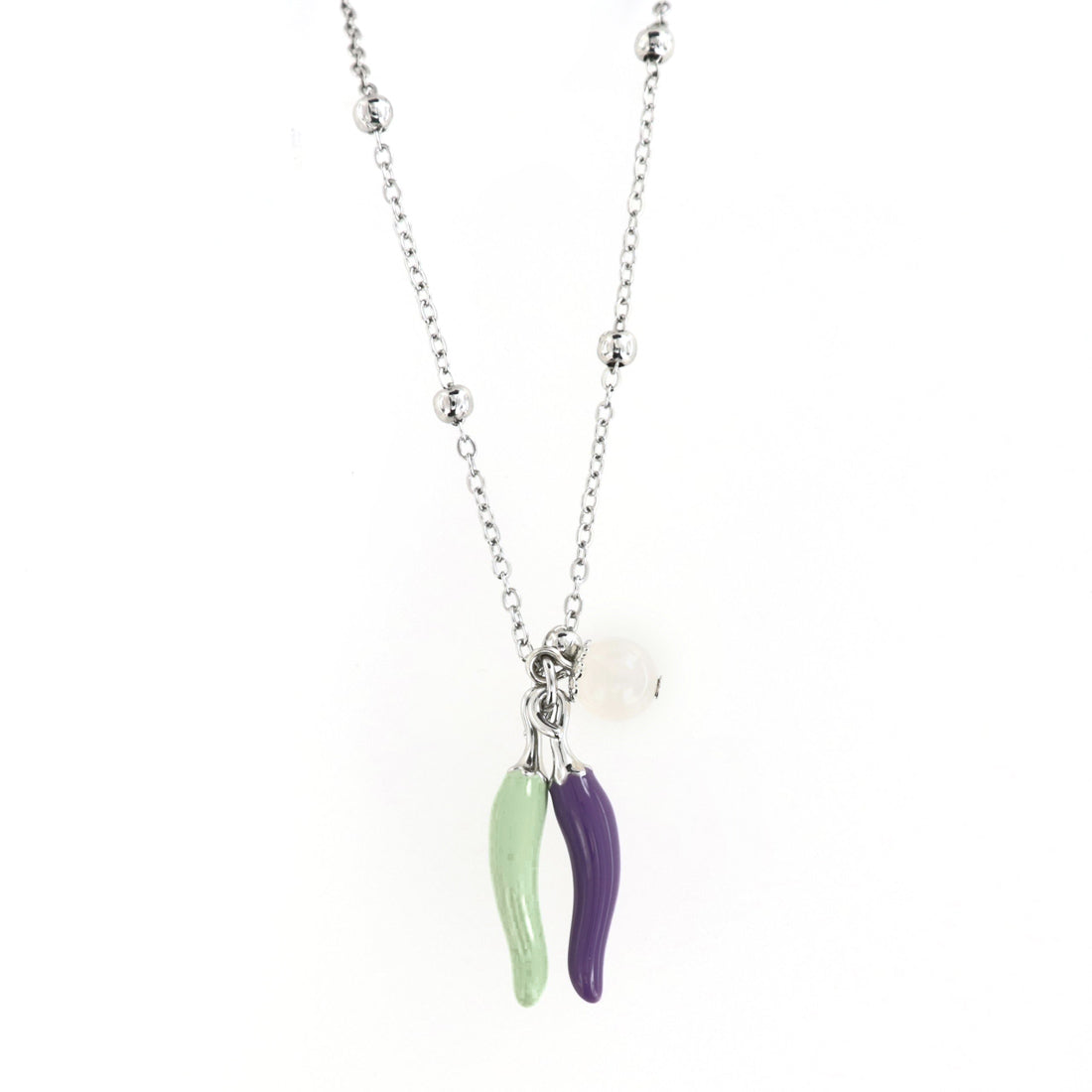Metal necklace with pendant luck charms, embellished with colored glazes