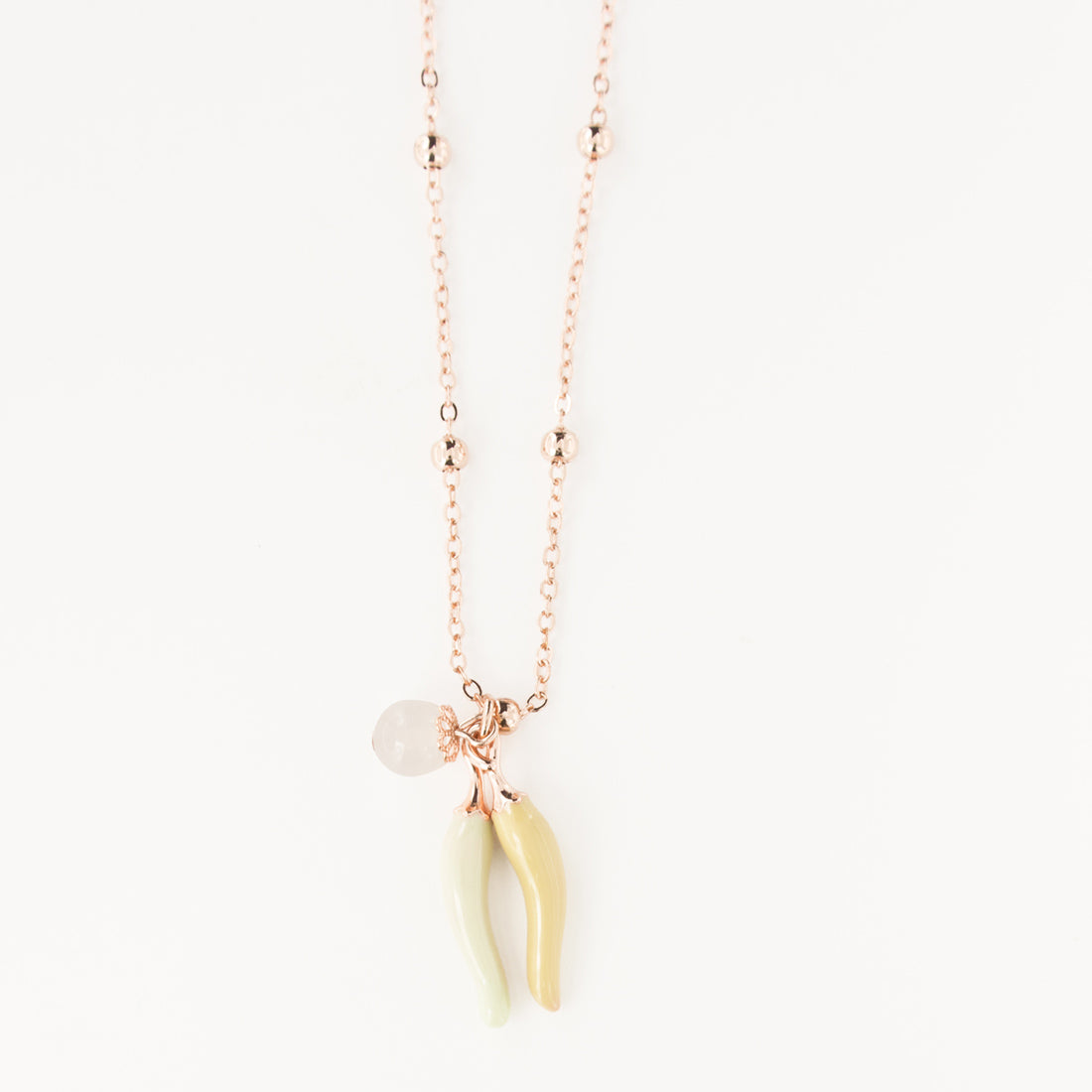 Metal necklace with pendant luck charms, embellished with colored glazes