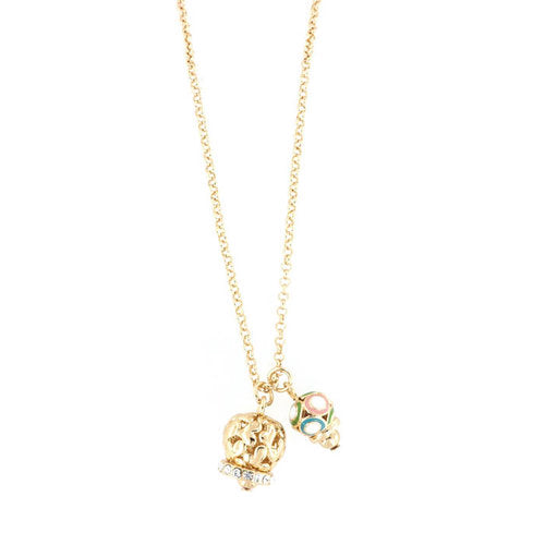 Metal necklace with bell bell with hearts and small colored bell motif