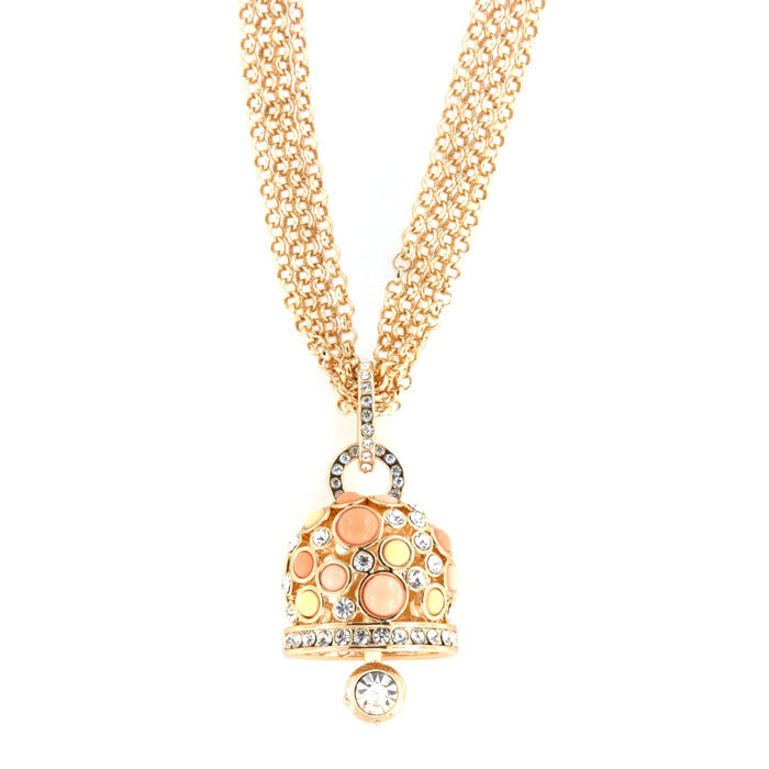 Metal necklace Multifile chain with large bell pendant with colored crystals