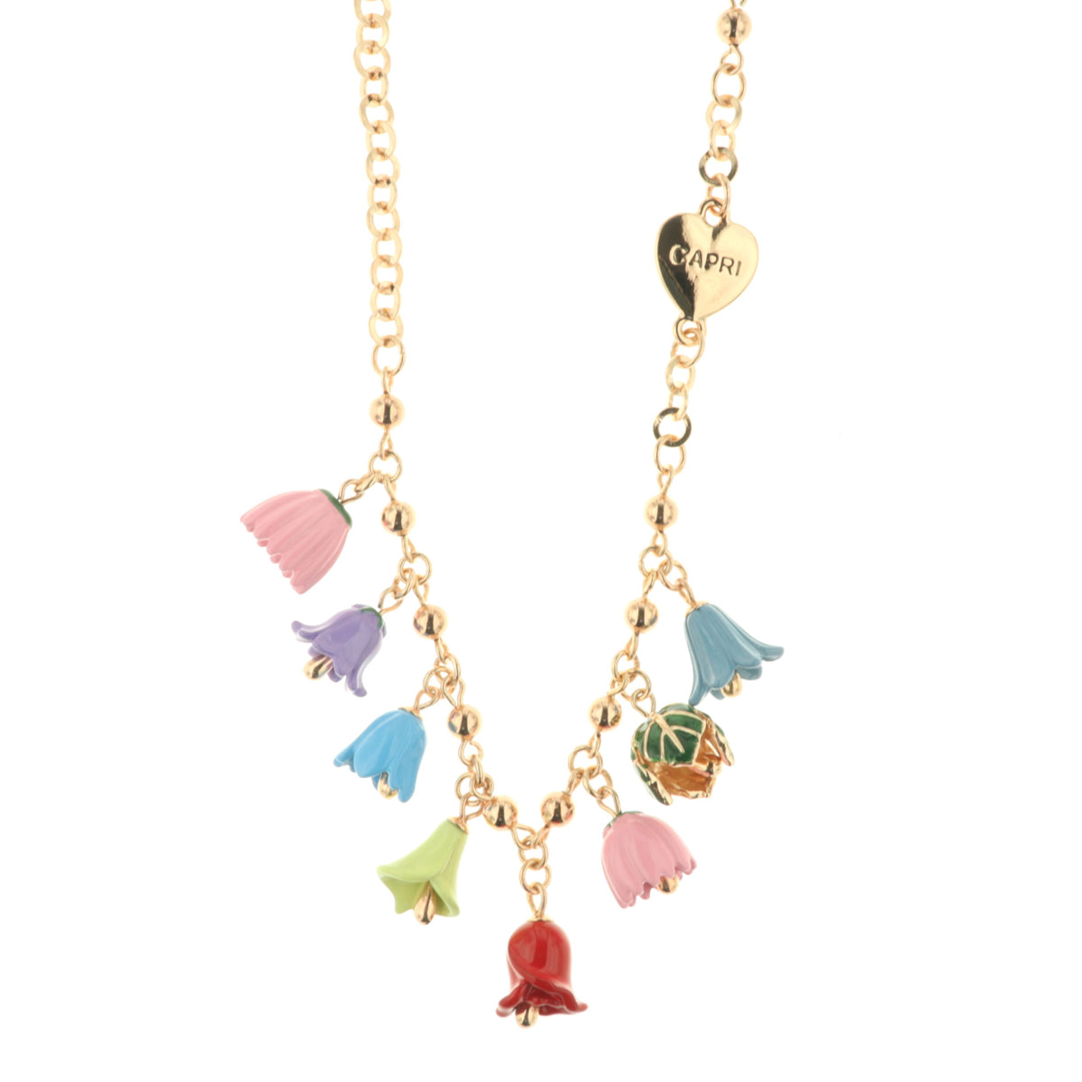 Metal necklace with floral campenelle and heart -shaped detail with Capri writing