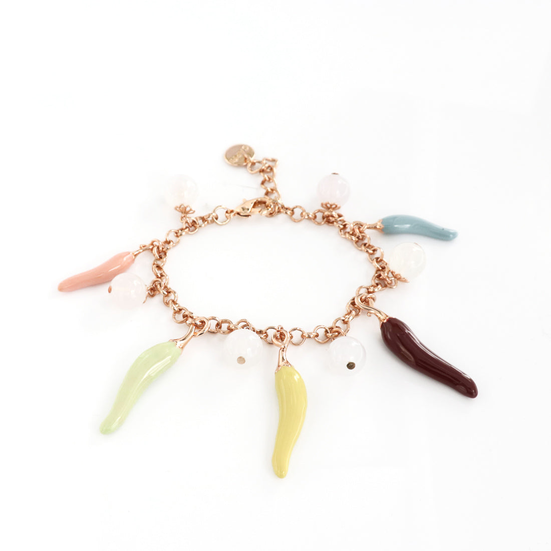 Metal bracelet with pendant luck charm cornies, embellished with colored glazes