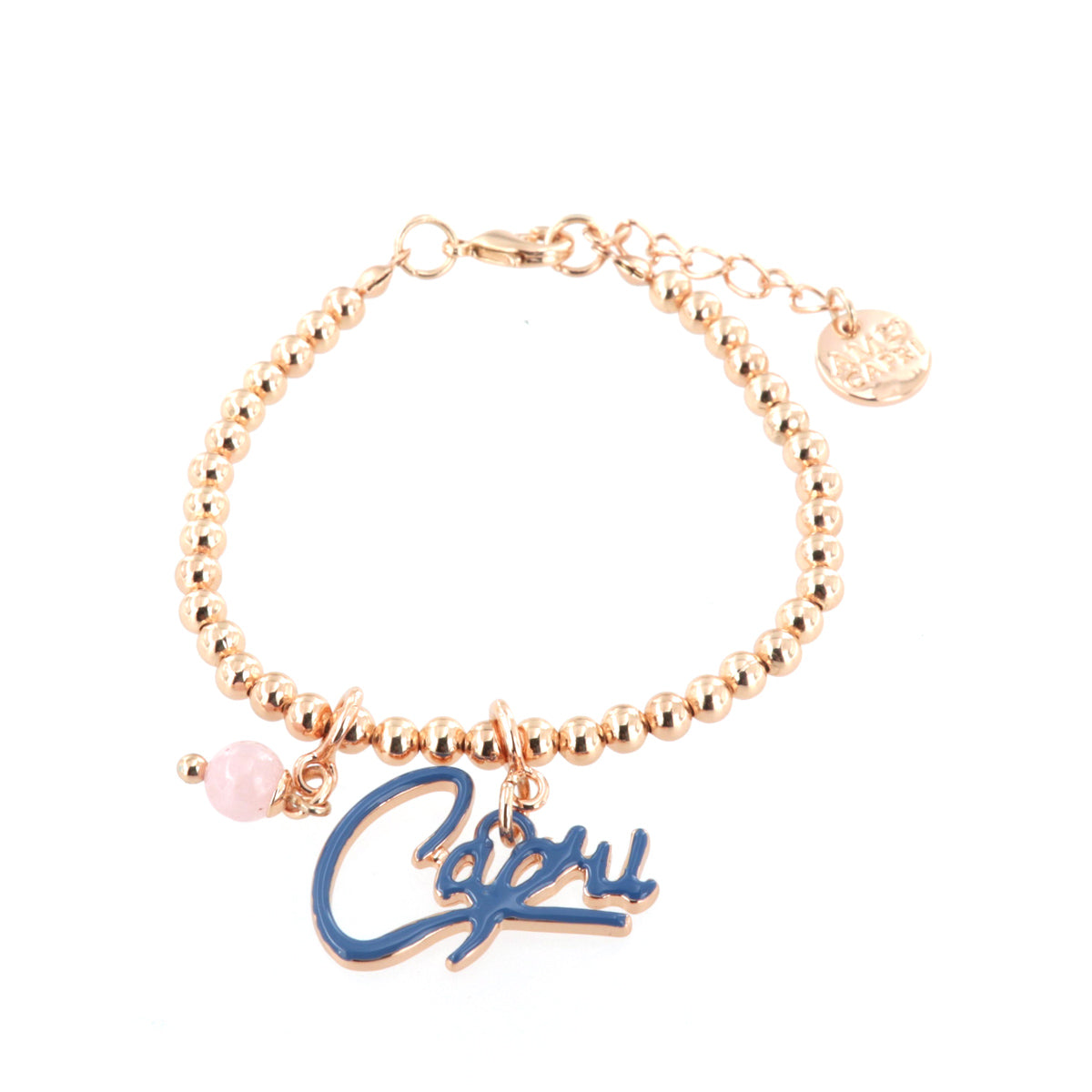 Metal bracelet with capri writing pending blue enamel and pink bead