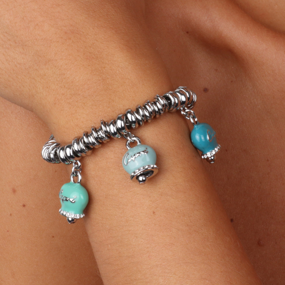 Metal bracelet with trio of bells blue luck