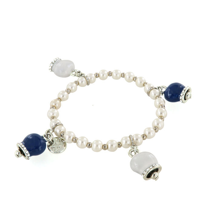 Elastic metal bracelet with pearls, charming bell pendants embellished with white, blue and crystals enamels