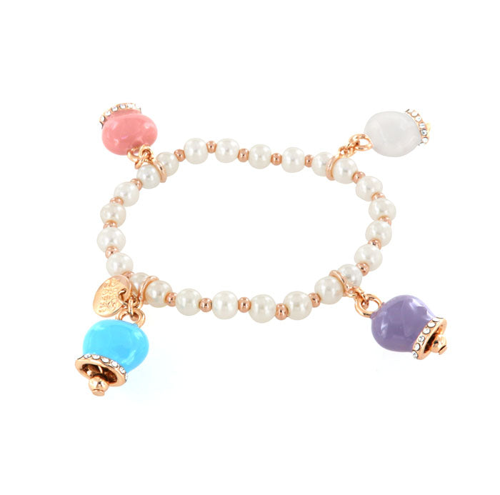 Elastic metal bracelet with pearls, charming bell pendants embellished with multicolored glazes and crystals