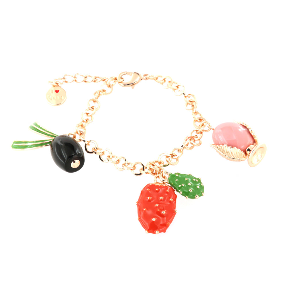 Metal bracelet with olive, pumo, and pendant prickly pear, embellished with colored glazes