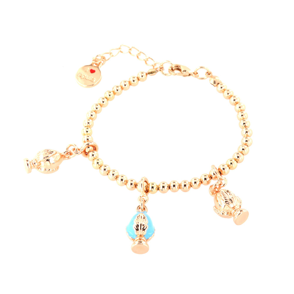 Metal bracelet with pending Apulian pumas, embellished with colored glazes